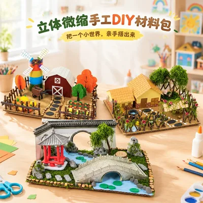 儿童立体微缩手工DIY材料农场田园场景木质拼装模型亲子互动玩具