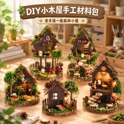 DIY小木屋微景观手工材料森系亲子制作童话发光小屋模型桌面摆件